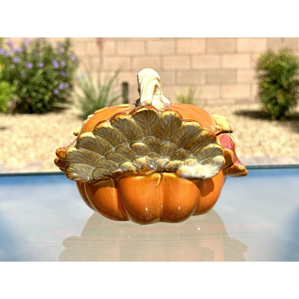 Ceramic Pumpkin Turkey Container w Lid Thanksgiving Orange Brown Holiday Dish